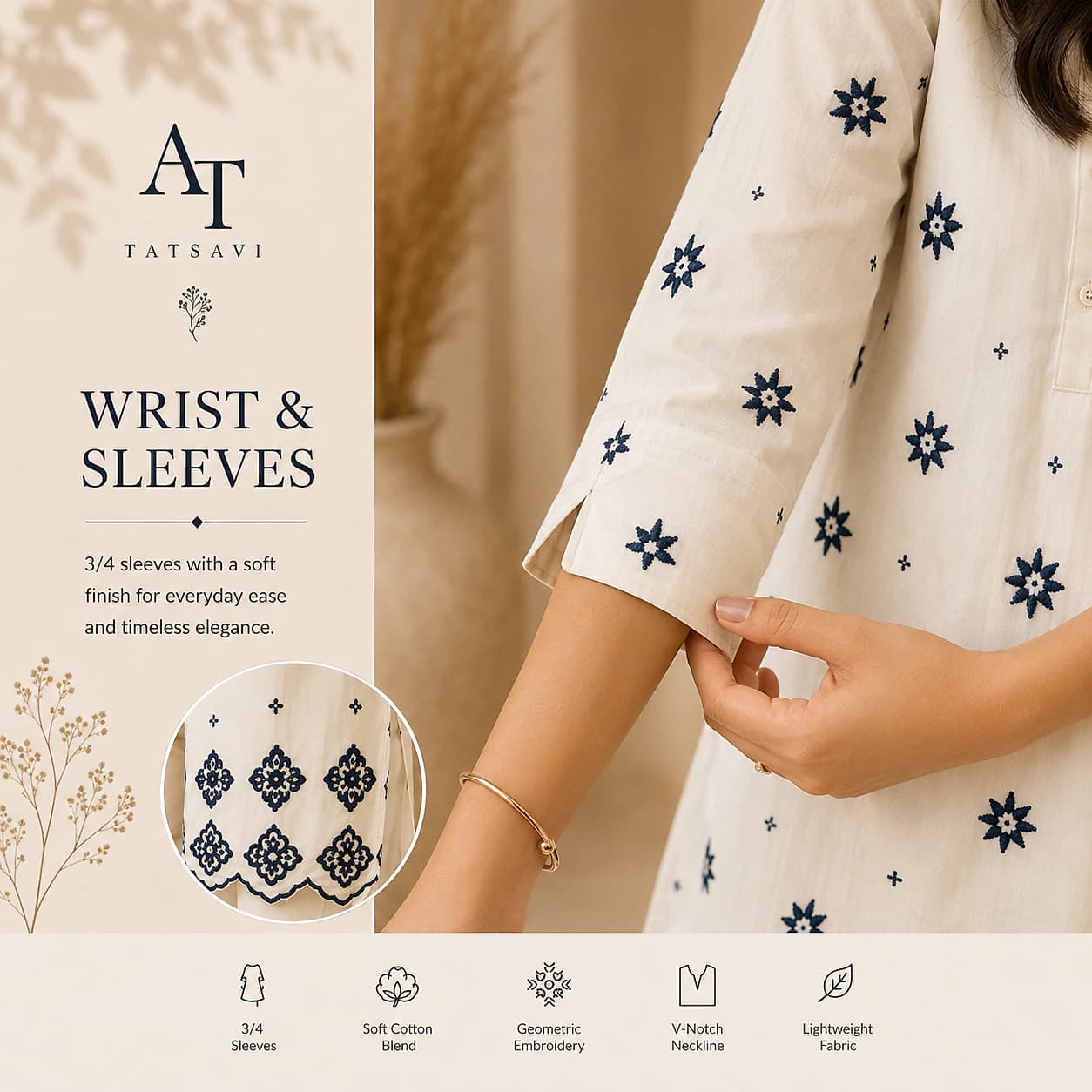 Ivory Embroidered Tunic — sleeve detail