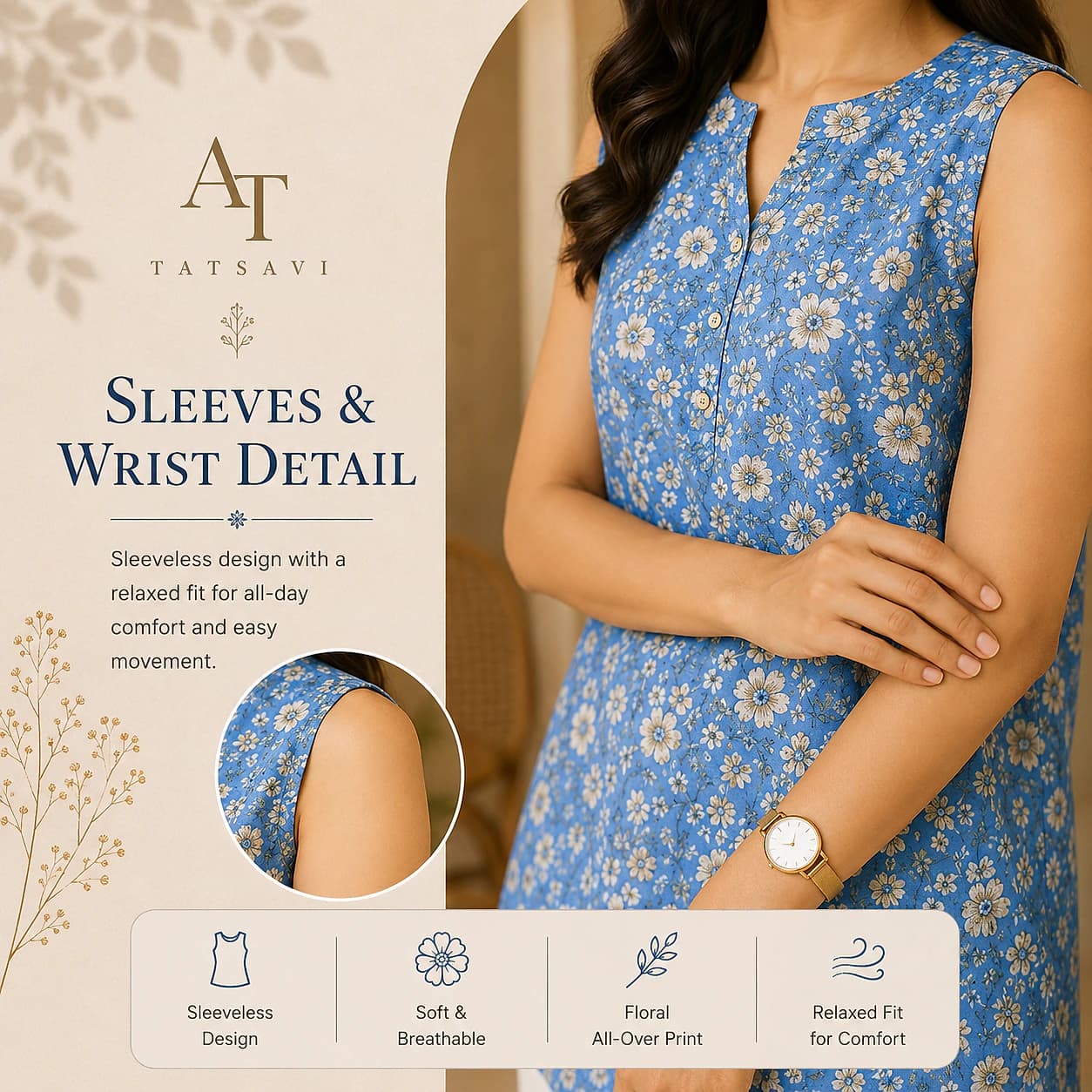 Blue Floral Top — sleeve detail