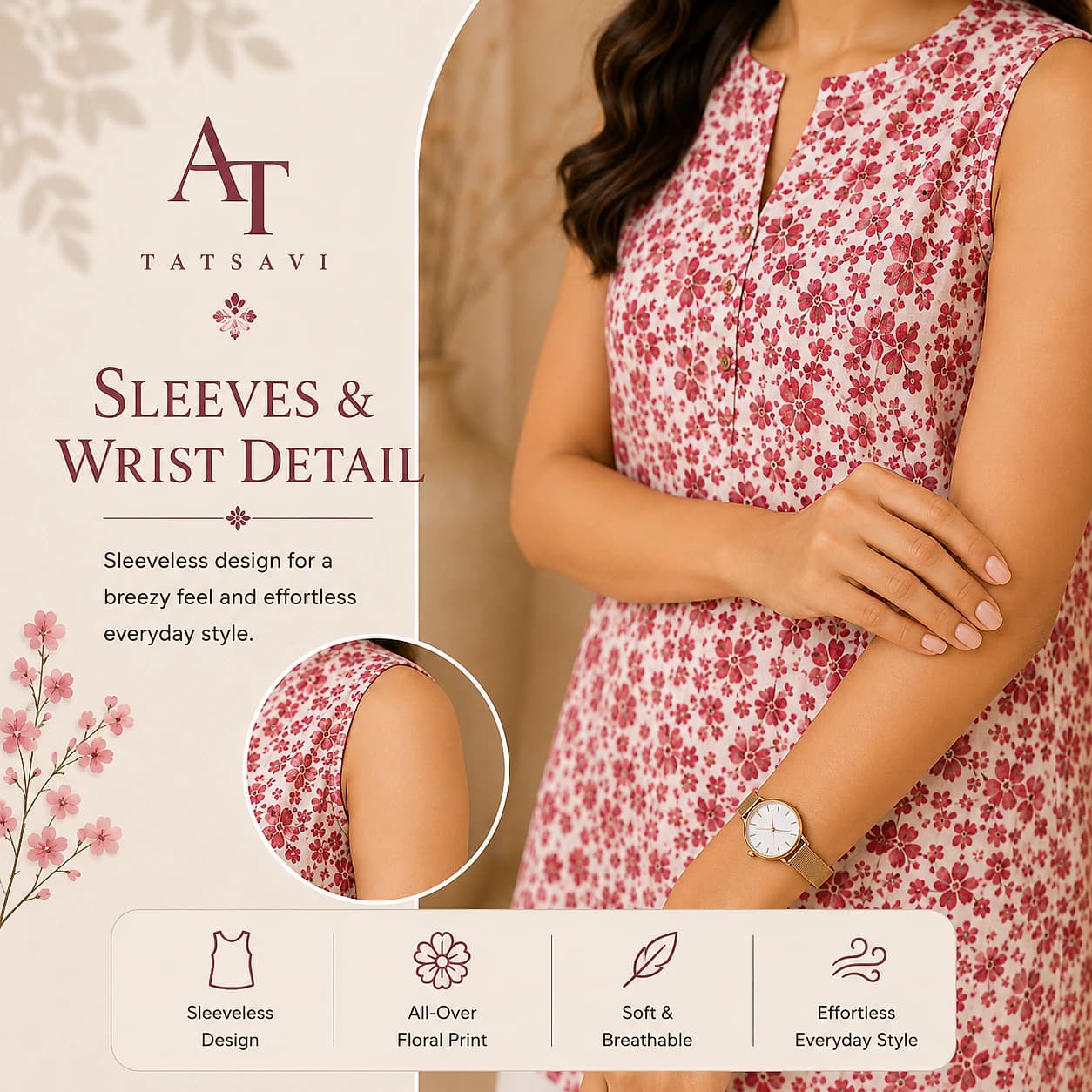 Pink Floral Kurti — sleeve detail