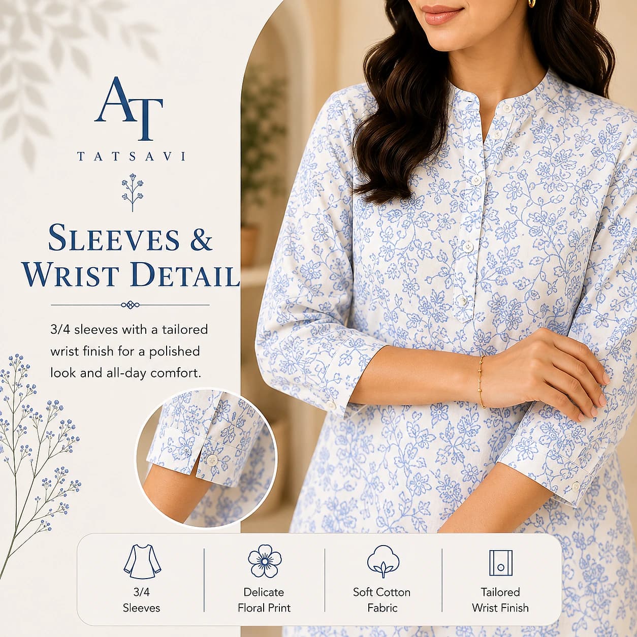 Blue Blossom Floral Top — sleeve detail